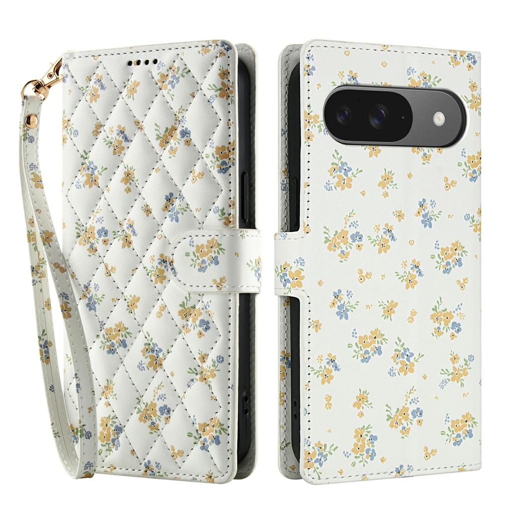 Wallet Case for Google Pixel 10 Pro/10/9 Pro/9 Rhombic Floral Design Leather Flip Phone Cover with Strap