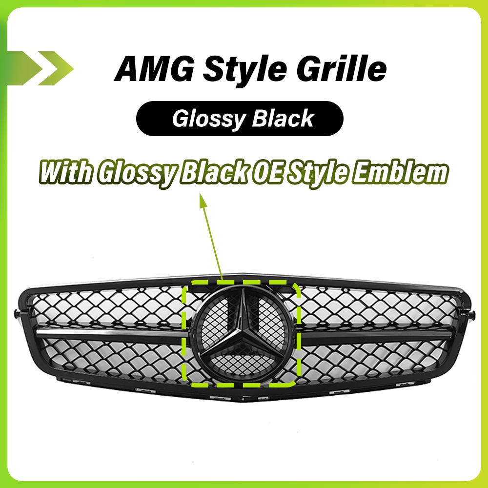CRI1Glossy Black AMG Style Bumper Grille Grill With OE Style Emblem Logo For Mercedes Benz C-Class W204 2008-14 C180 C200 C250 C350