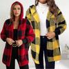 Winter Plaid Color Block Women Cardigan Hooded Loose Ribbed Long Sleeved Sweaters Warm Plush Comfortable Knitted Coats