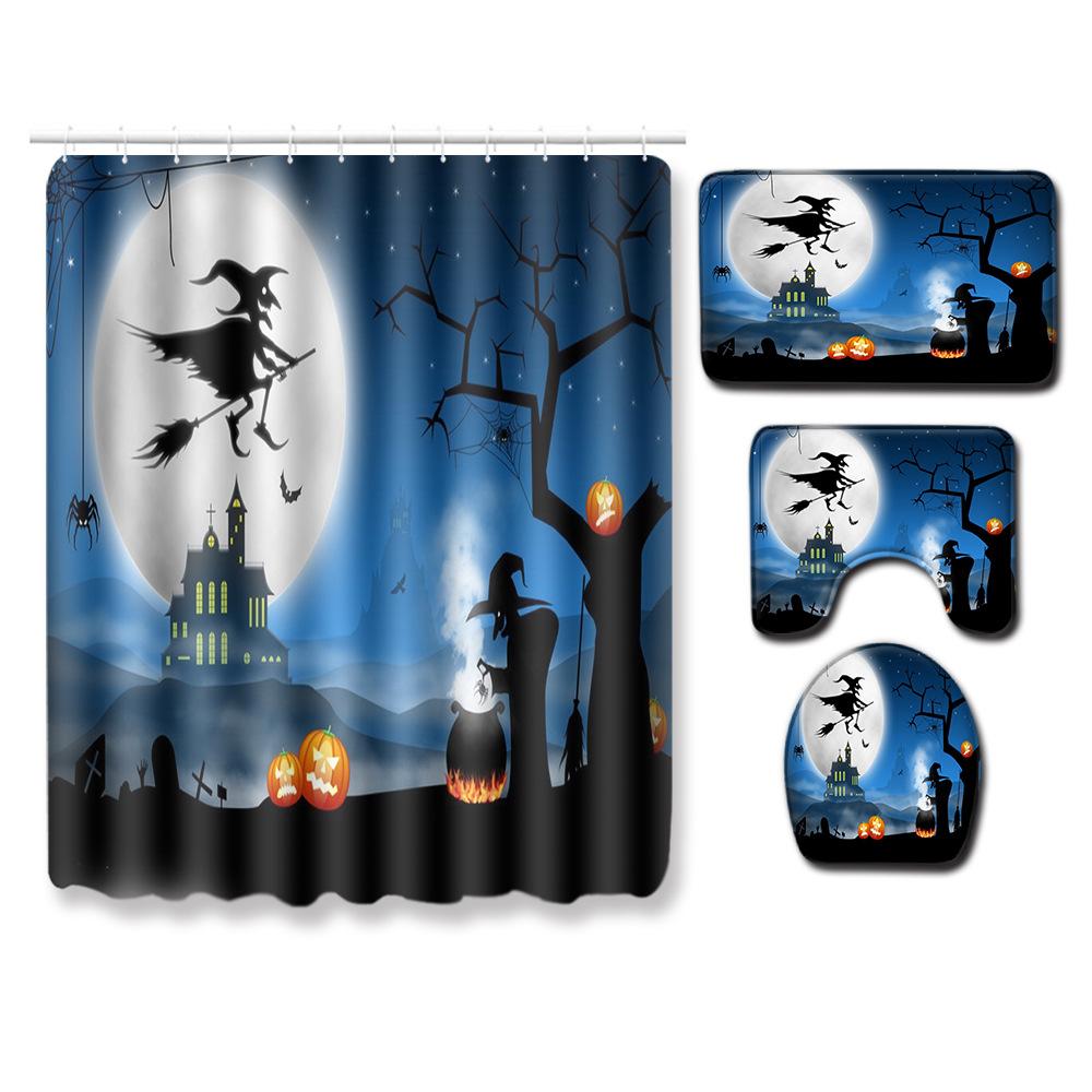 Halloween Shower Curtain Floor Mat Combination Four-Piece Set Bathroom Toilet Carpet Shower Room Foot Mat