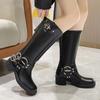 Fashion Metal Buckle Square Toe Knee High Boots Women Black PU Leather Punk Long Boots Woman Autumn 2024 Chunky Heels Motorcycle Booties