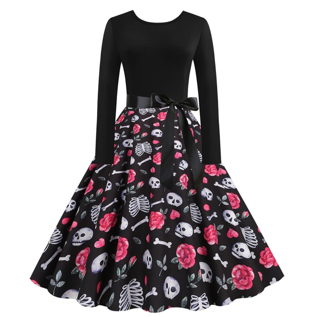 Женская мода с длинным рукавом и круглым вырезом, повседневное платье с подолом на Хэллоуин
