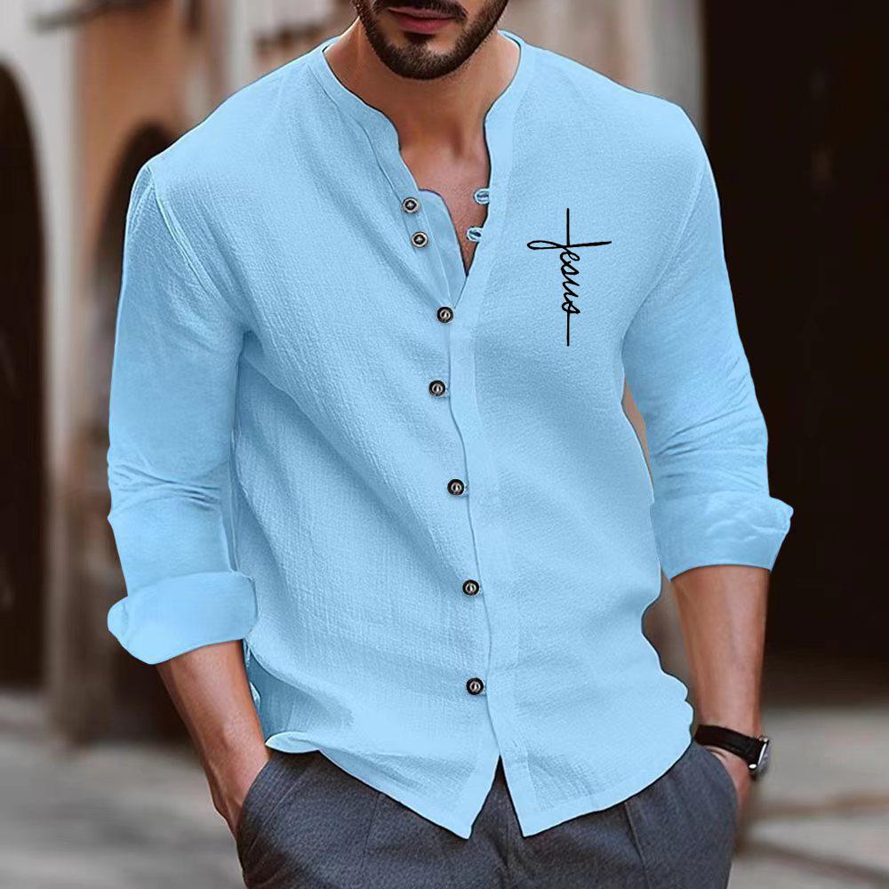 Cotton Blouse Beach Style Top Man Long Sleeved Stand Up Collar Letters Printed Retro Slim Fit Men's Casual Shirts