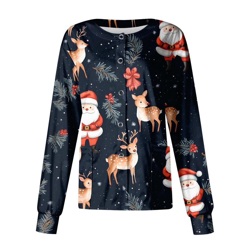 Women's Casual Long Sleeve Single Breasted Christmas Printed Dry-nurse Top