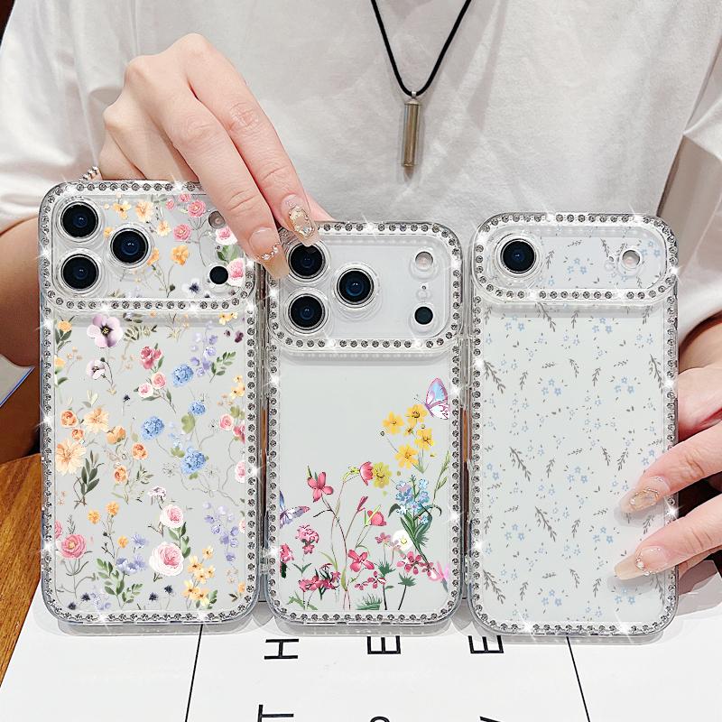 Противоударный чехол из ТПУ с цветочным принтом для iPhone 17 Pro Max 16e 16 15 14 13 15 Pro 17 ТПУ Блестящий бриллиант Мягкий силиконовый чехол для телефона