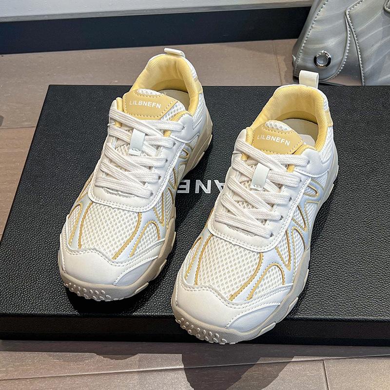 Сетчатые дышащие кроссовки на толстой подошве, женские, 2025 осень, новые, из искусственной кожи, в сочетании цветов, маленькие спортивные и повседневные туфли