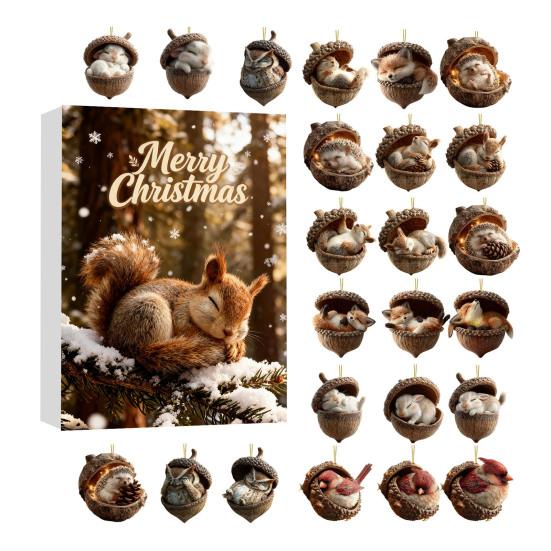 2025 Лесные животные Желуди Украшения Адвент-календарь 2D Акрил Уютный Лес Набор Рождественских украшений Шишка Животное Обратный отсчет Украшение для Рождественской елки