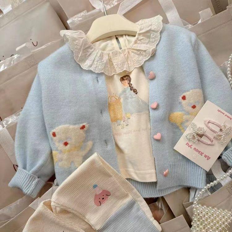 2024 Autumn Korean Style Girls' Rabbit Knit Cardigan & Sweater Set