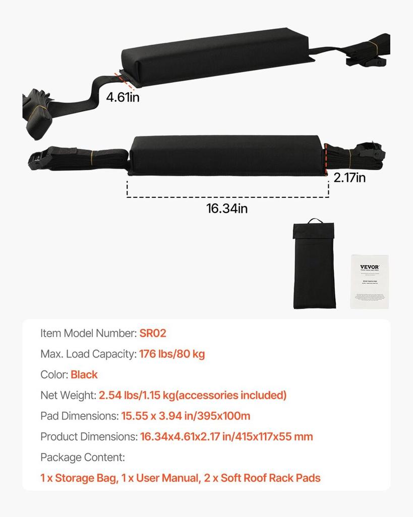 Soft Roof Rack Pads 15.5in 176lbs Load Capacity for Kayak Canoe Surfboard