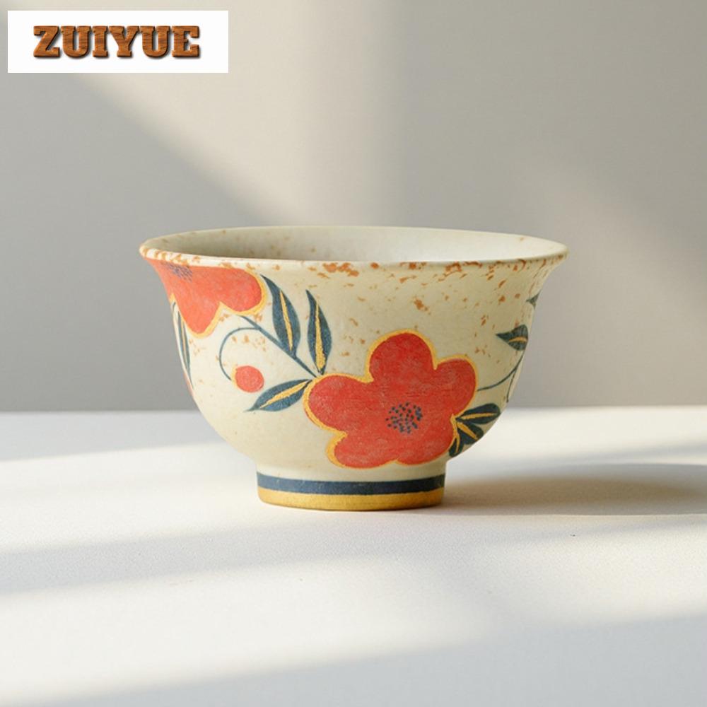 90ml Caramel Glaze Hand-painted Peach Blossom Teacup Handmade Tea Bowl Mug Tea-tasting Personal Cup Chazhan Master Cups Teaware