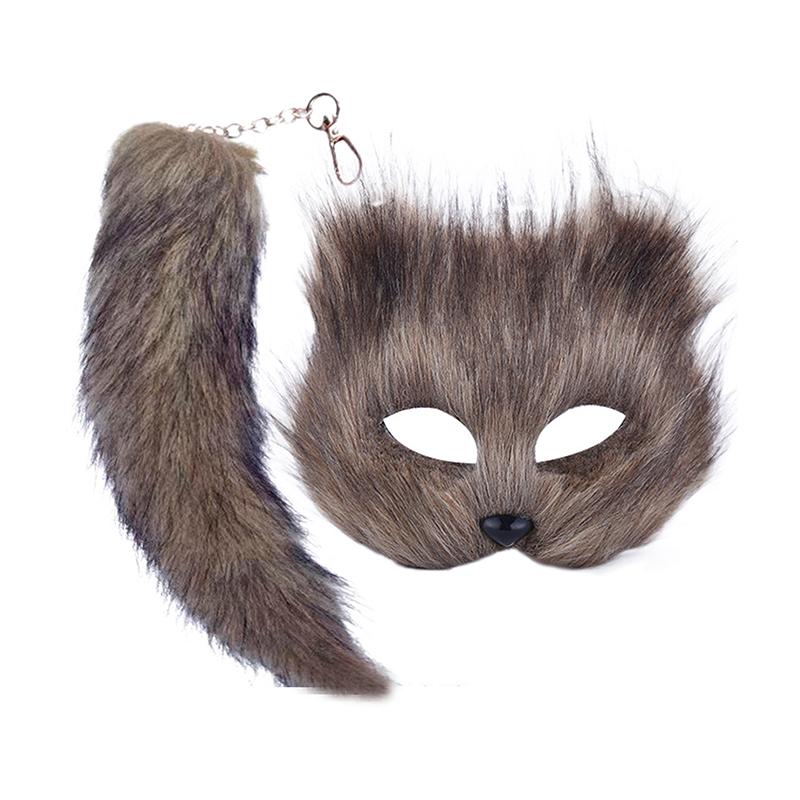 Sexy Mask And Tail Set Halloween Cosplays Costume Accessorie Cats Mask Tail Half Face Faux Furs Foxes Tail Date Night Stuff