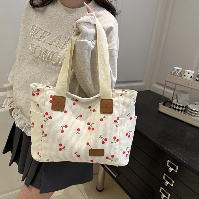 Вельветовая сумка-тоут Милая сумка с нашивкой в виде вишни для женщин Тканевая сумка-тоут большой вместимости Сумка на плечо Повседневные сумки под мышкой CLE