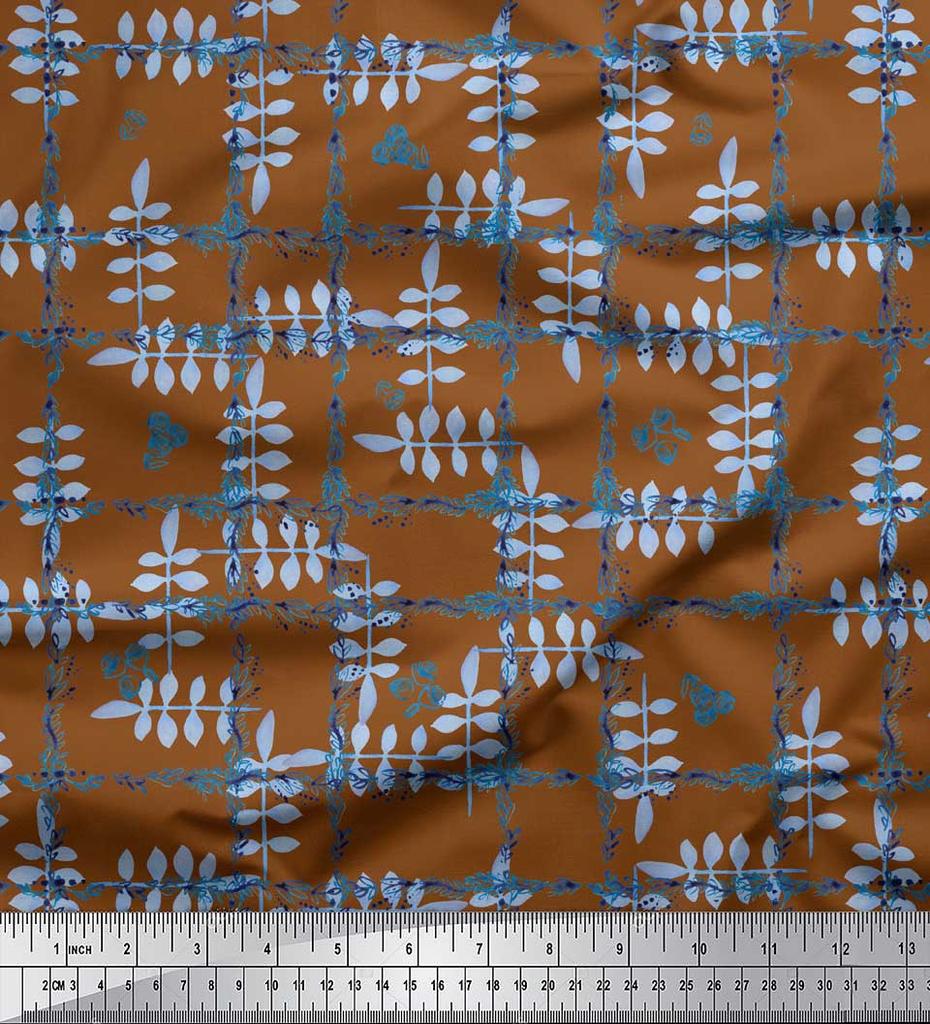 Soimoi Black Japan Crepe Satin Fabric Leaves & Floral Check Print Fabric by the metre 42 Inch