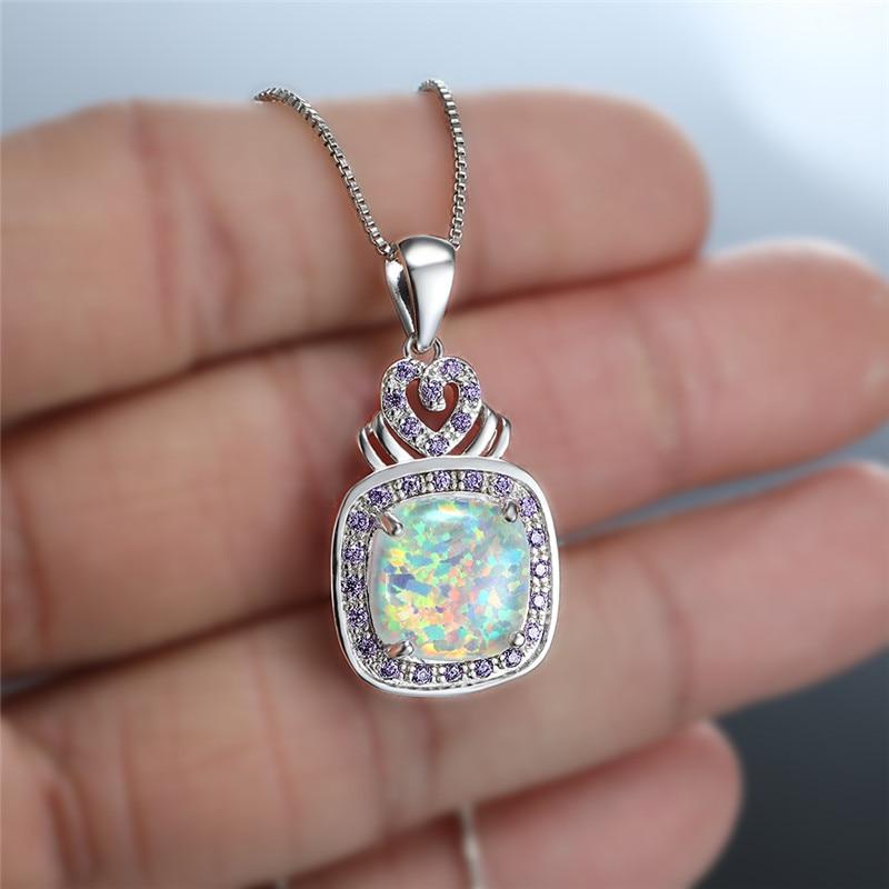 Большие Женские Квадратные Белые Оранжевые Огненные Опаловые Каменные Подвески Ожерелья Свадебное Случай Вечеринка Мероприятие Свадебное Случай Украшения Ретро Стильные Стильные Серебро