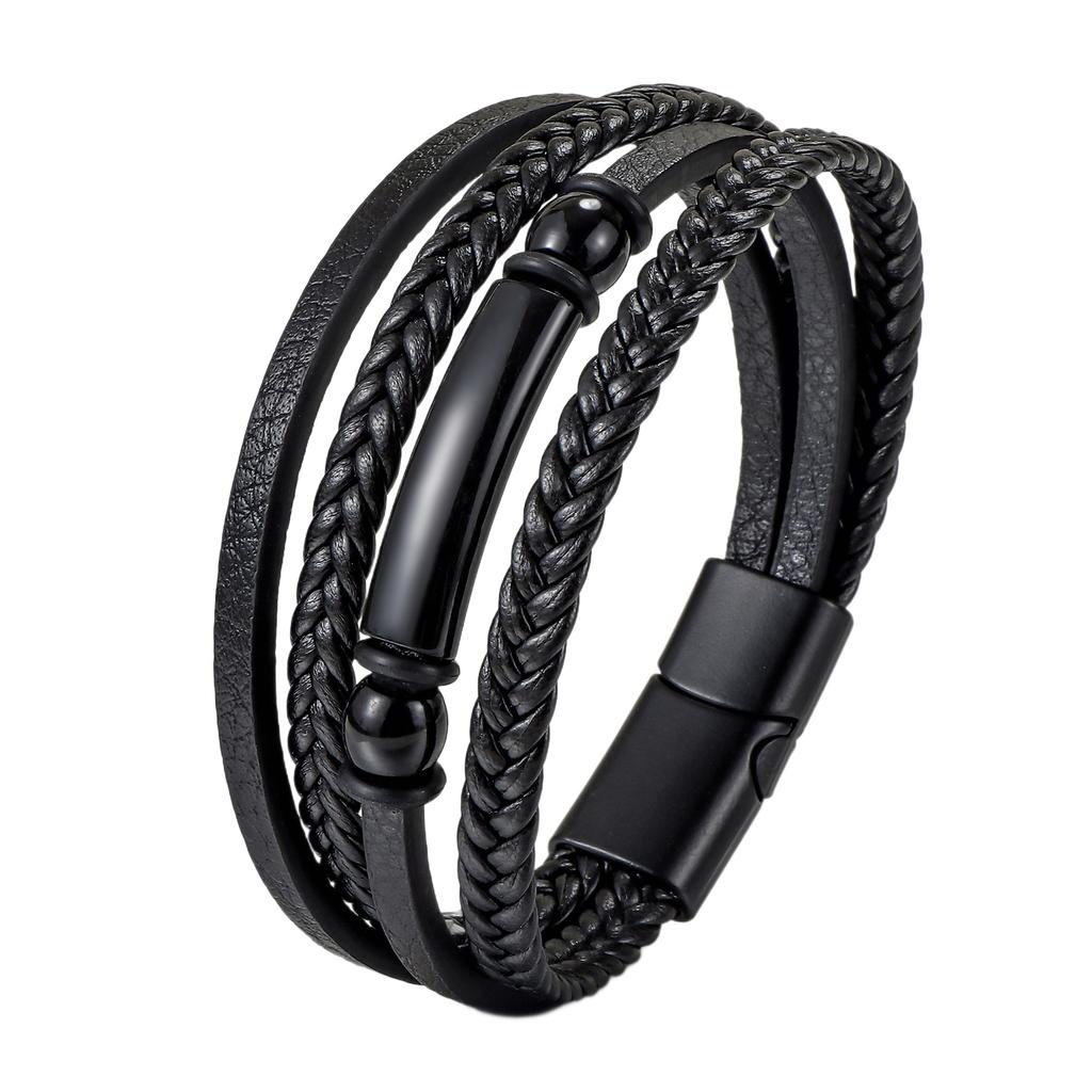 Fashion Multi-Layer Braided Leather Men's Bracelet Magnetic Clasp Cuff Jewelry