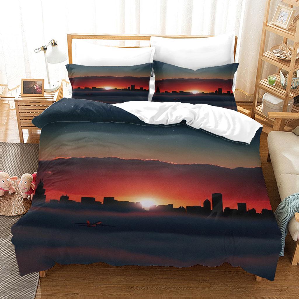 Duvet Cover Queen Size 3D Red Sunset Landscape Digital Printing, Double Size Bedding Set, Fashion Design, For Girls Kids Room