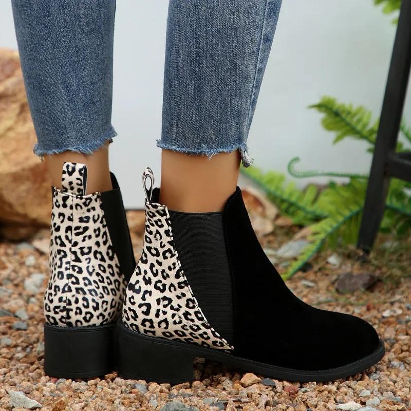 Fashion Stylish Warm Winter Short Boots 2024 Classic and Versatile Women's Western Boots Autumn Fashion Leopard Print Ladies Shoes