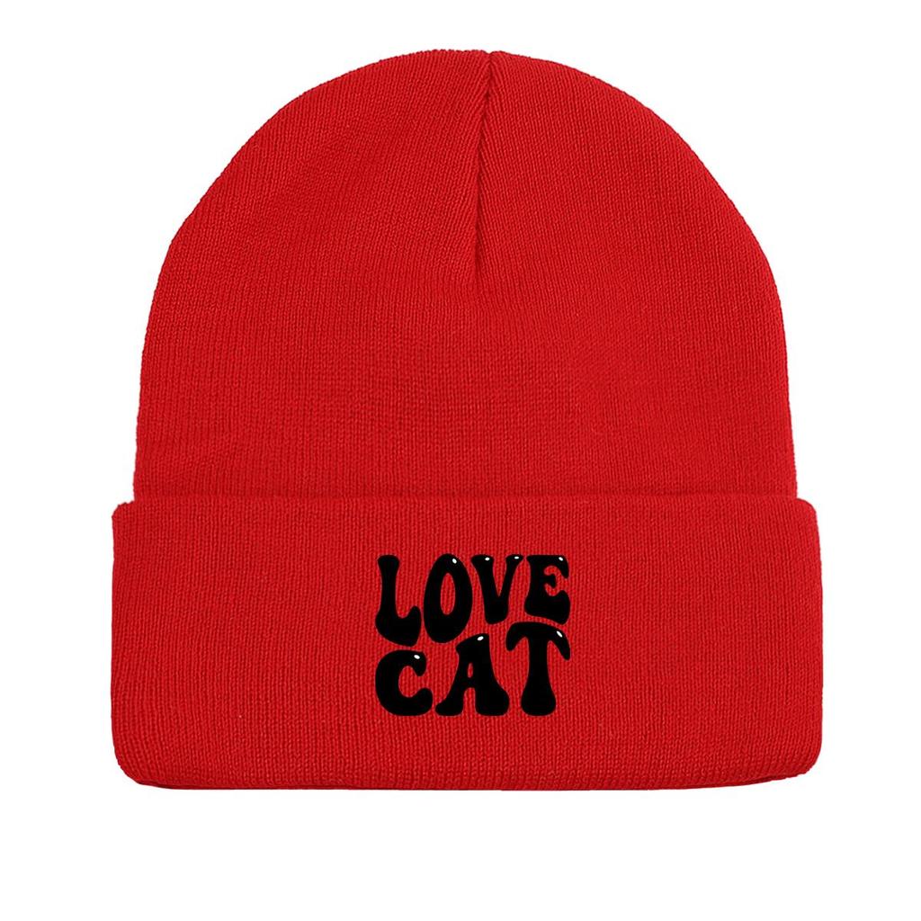 LOVE CAT" Print Knit Cap Beanie, Animal Man Cap Windproof Candy Color Trendy Pompom Beanies Knitted Hat Beanie