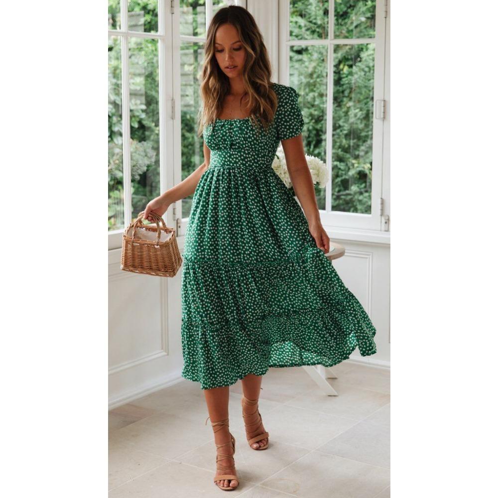 GMXIA Платье с квадратным воротником, рукавами-фонариками и цветочным принтом, длинная юбка