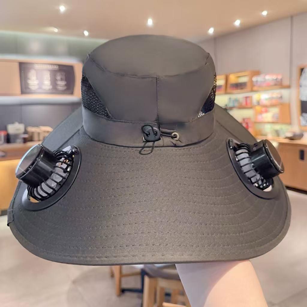 Outdoor UV Protection Hiking Camping Fishing Sun Cap Wide Brim Bucket Hat Solar Powered Cooling Fan Hat