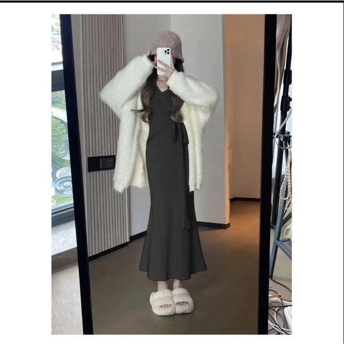 2023 Высококачественный вязаный комплект платья-свитера для женщин - Осенне-зимний длинный стиль