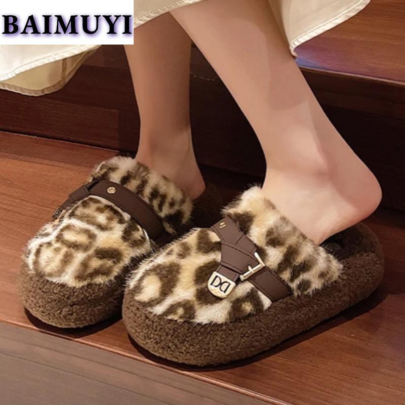 Леопардовый женский балетки на платформе меховые тапочки домашняя хлопковая обувь зимняя повседневная обувь мюли 2025 тренд новые шлепанцы Zapatillas Mujer