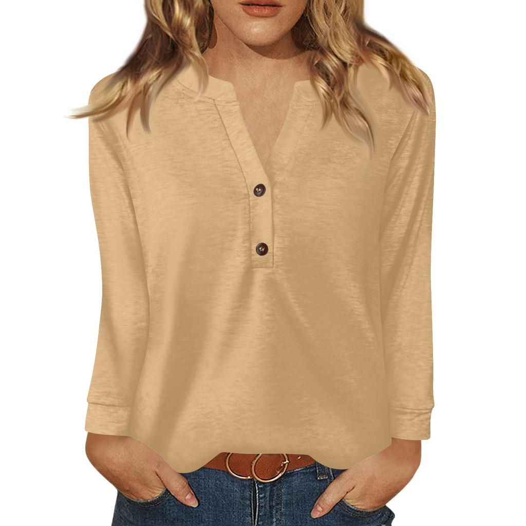 Women's T Shirt Solid Color Button Long Sleeve Daily Weekend Fashion Basic V- Neck Regular Top