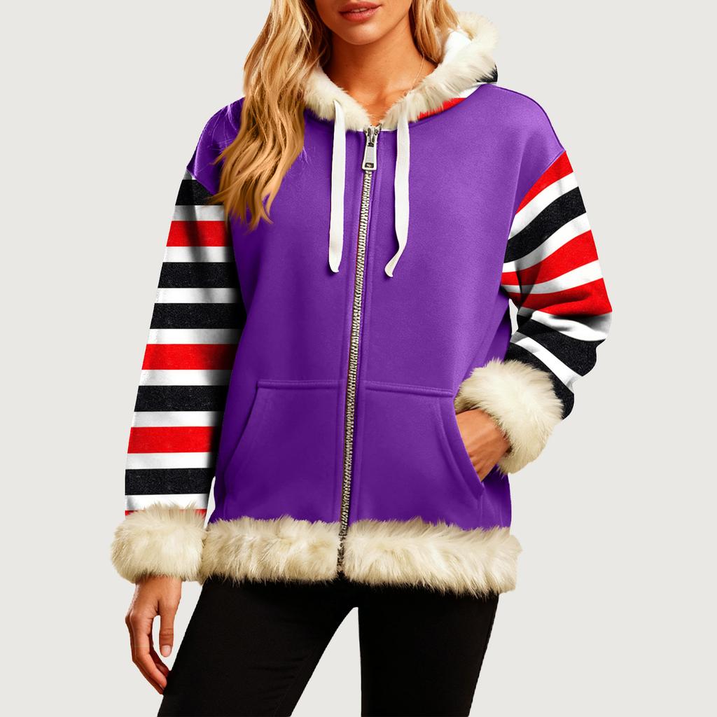 Женская Удобная Свободная Модная Повседневная Толстовка-Куртка с Длинным Рукавом, Карманами и Капюшоном с Полосатым Принтом