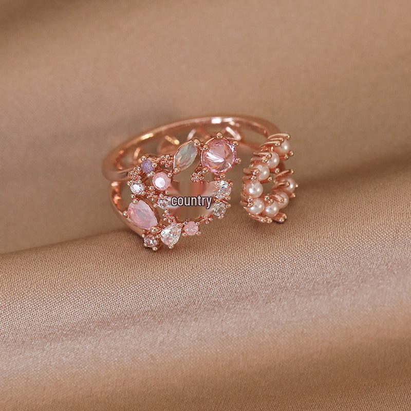 Элегантное регулируемое кольцо с жемчугом, цирконом и цветком