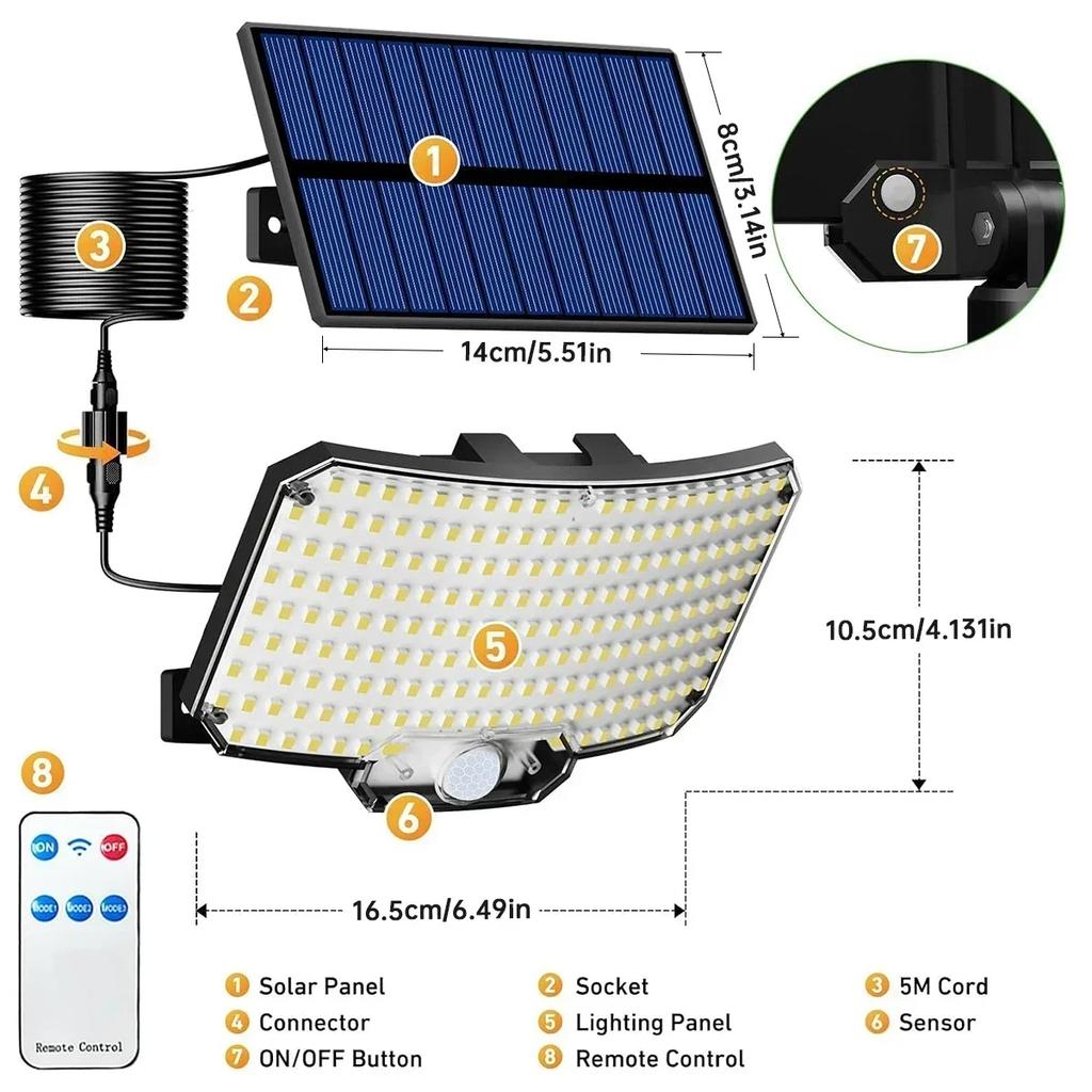 Super Bright 234 LED Solar Light, IR Sensor Street Light, Decorative Wall Light, Multiple Switch Modes with Remote Control