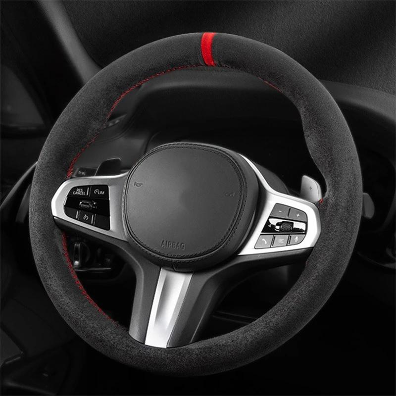 Универсальная замшевая оплетка на руль автомобиля 37-38 см, сделай сам, ручная строчка, черная мягкая кожаная плетеная оплетка для руля автомобиля