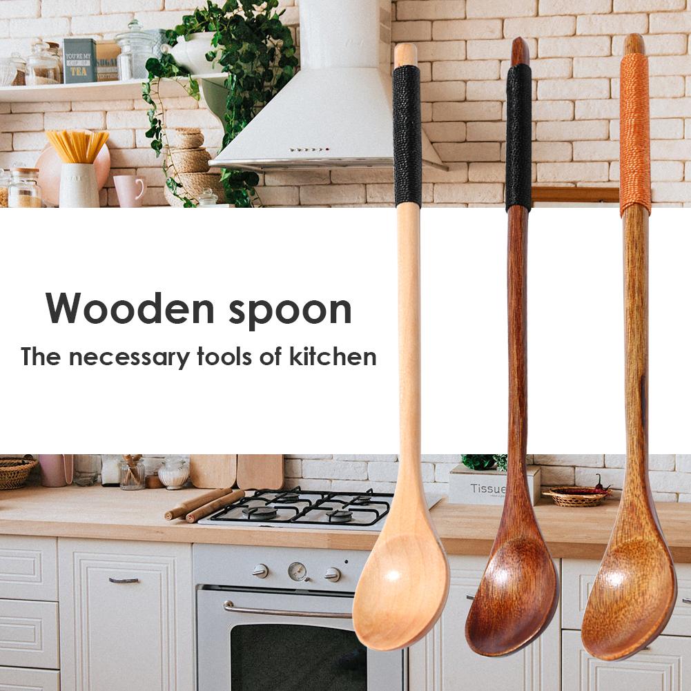 Long Handle Spoon Wood Rice Soup Dessert Coffee Tea Mixing Kitchen Tableware