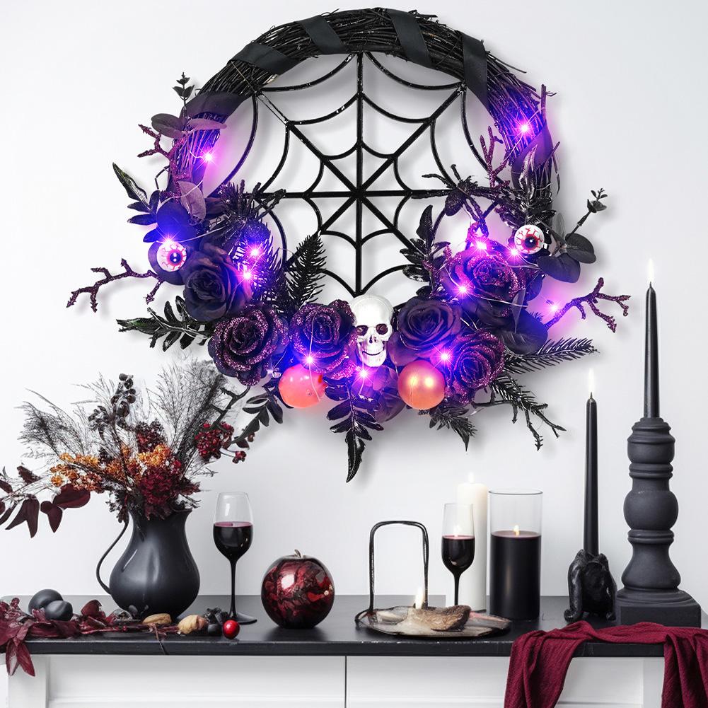 Halloween Wreath With Led Lights, Scary Halloween Rose Web Wreath Horror Skull Vine Wreath Decoration For Front Door Walls Fireplace Windows