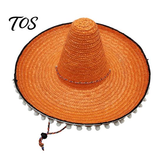 Mexican Straw Hat Sombrero with Colorful Poms, Hawaiian Style Woven Sun Hat, Wide Brim Lightweight Halloween Costume Party for Summer Beach