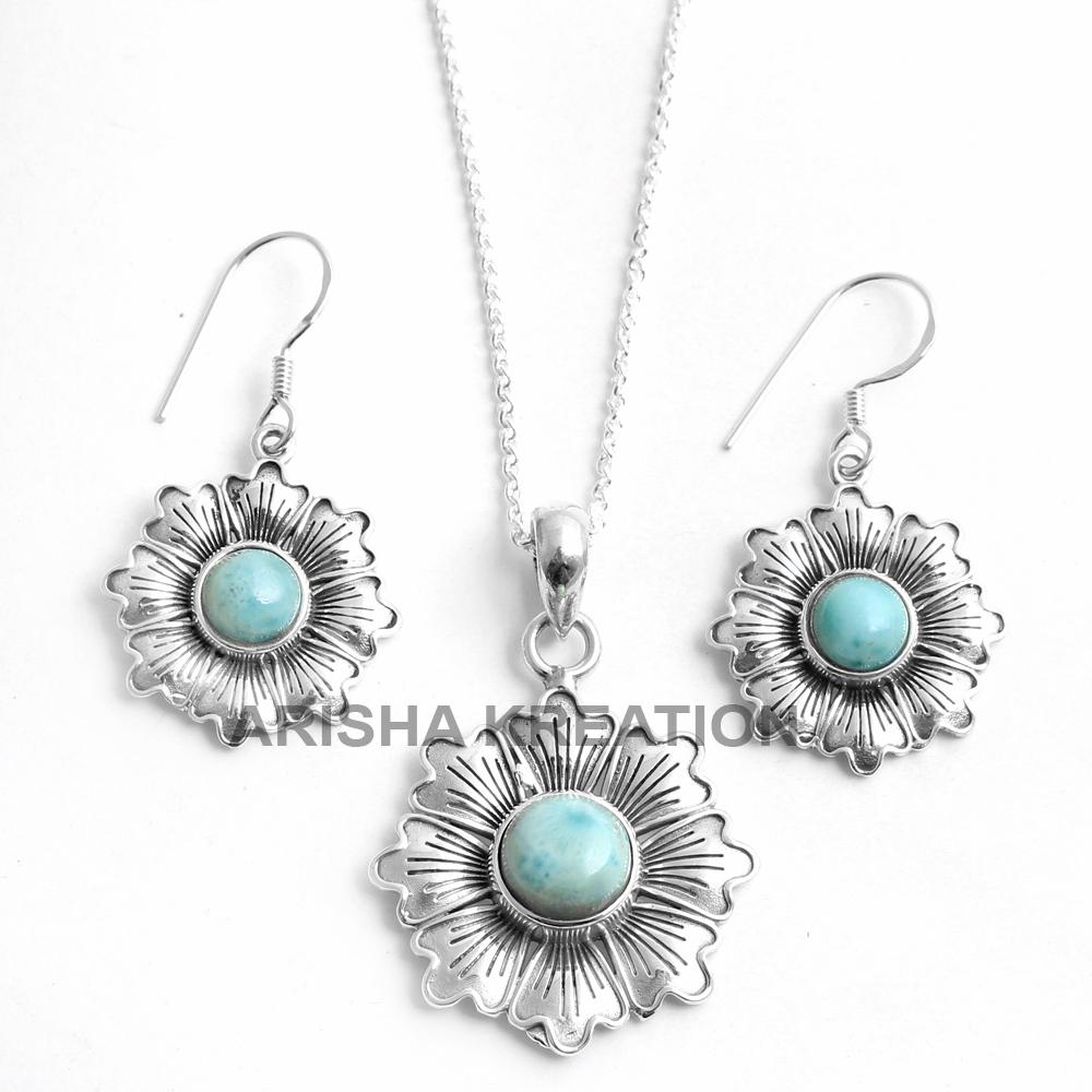 Серебряный комплект ожерелья с ларимаром, Набор украшений с цветами, Женский комплект ожерелья, Ювелирные изделия ручной работы из стерлингового серебра 925 пробы