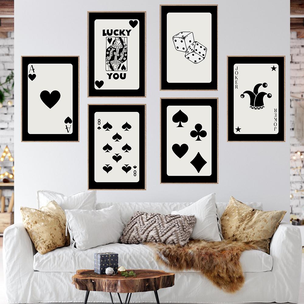 Retro Poker Wall Art Trendy Poster Canvas Set Of 6 Painting Lucky Playing Card Funky Black White Queen Joker Ace Room Home Decor