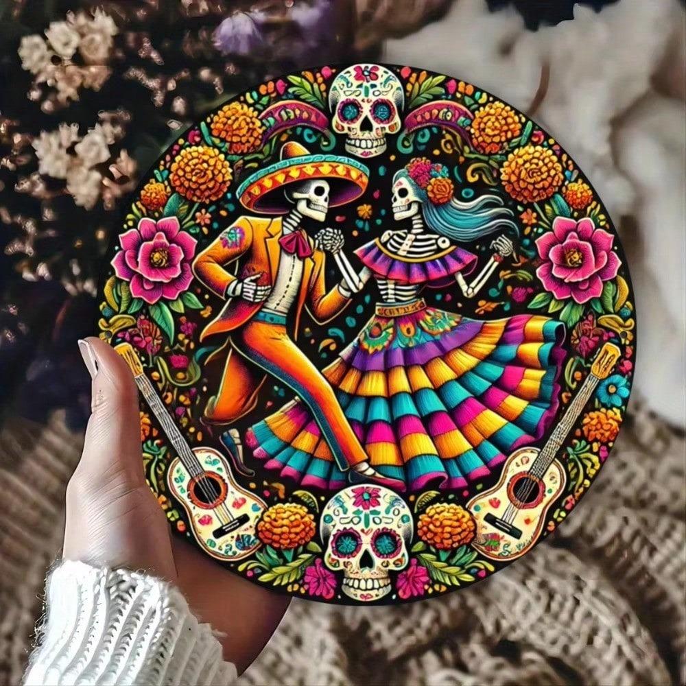 Mexican Folk Art Sugar Skull Iron Sign Vibrant Floral Skeleton Wall Decor