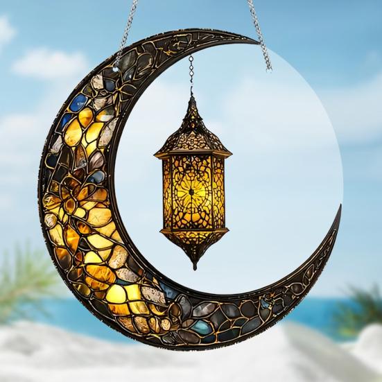 Crescent Moon Suncatcher 2D Stained Acrylic Sun Catcher Colorful Window Wall Hanging Ornament for Home Front Porch Garden Balcony