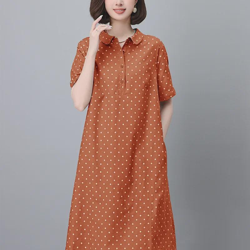 Летнее платье в горошек из хлопка и льна 2024 года — женское, французский стиль, размер плюс, длинная юбка