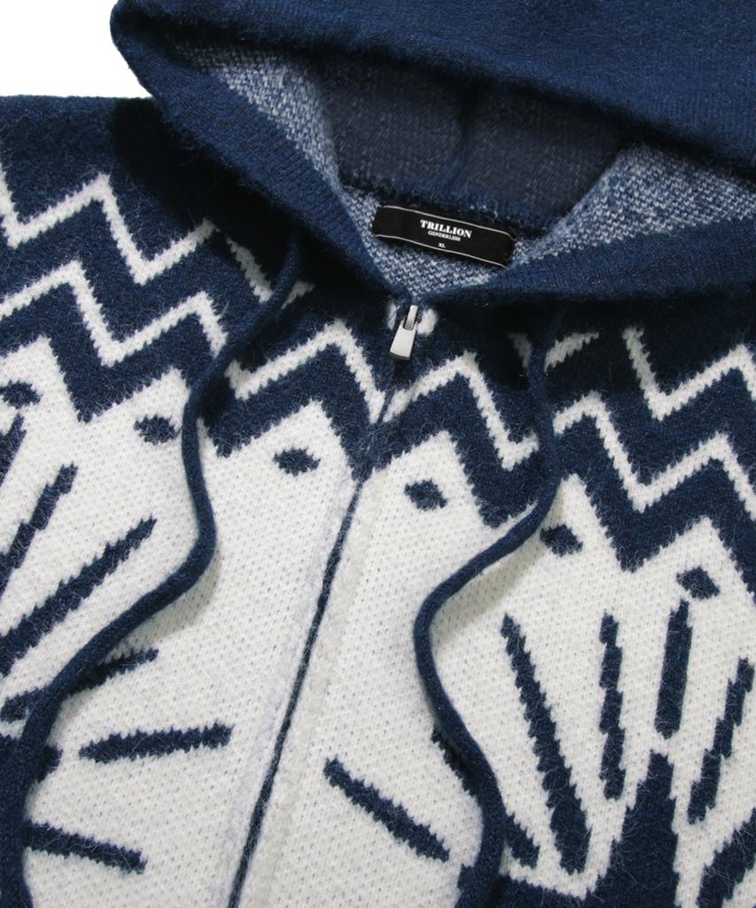 TRILLION Washable Wool Star Nordic Hooded Zip-Up Knit_Navy