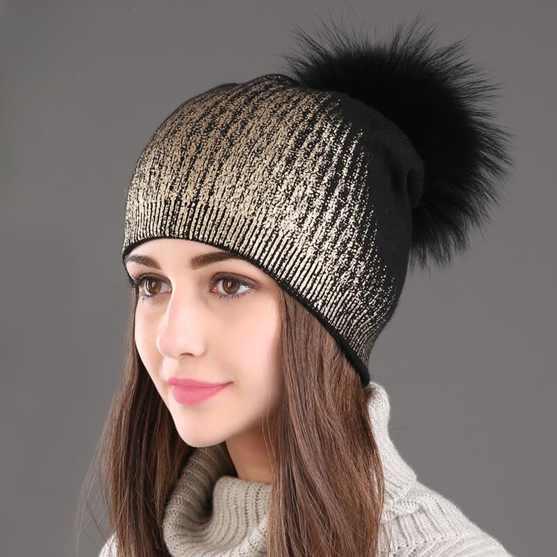2024 New Winter Beanies Ladies Knitted Wool Warm Hats Fashion Pom Pom Real Raccoon Fur Caps Skullies Hat For Women Print Fur Cap