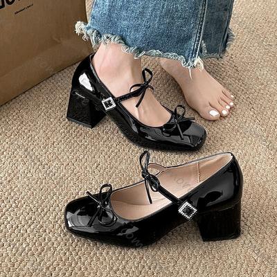 Празднуйте Весну Осень Женские Туфли Мэри Джейн Бант Толстый Каблук Мелкий Вырез Одиночная Обувь Однотонные Туфли-Лодочки с Квадратным Носком