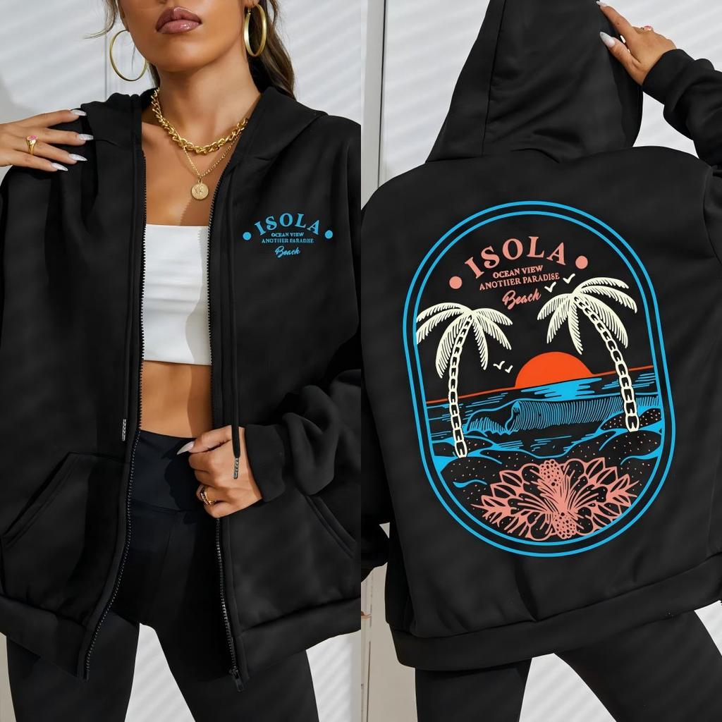 Isola Beach Blue Word Printing Zipper Hoodies Women Casual Pocket Hoody Loose Streetwear Fleece Autumn Clothing