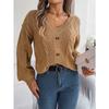 Women's Autumn and Winter Solid Color V-neck Button Twist Lantern Sleeve Pullover Sweater