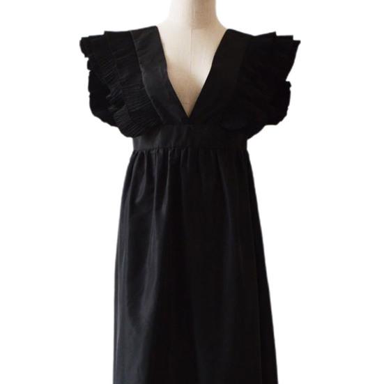 Women Prom Dress Flying Sleeve Ruffles Low-cut Deep V Neck Pleated Dress Up Floor Length High Waist Evening Dress Cocktail Dance Clothes