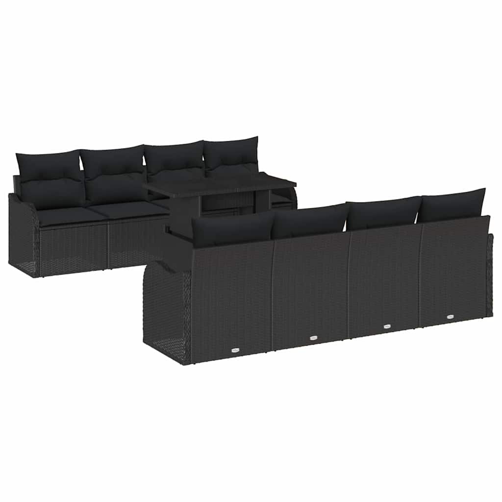 9 Piece Garden Sofa Set with Cushions Black Poly Rattan