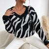 Autumn and Winter Women's Sweater Bottoming Pullover V-neck Black Zebra Print Sweater
