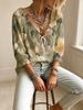 Women's V-neck Ruffle Tie Front 3/4 Sleeve Watercolor Leaf Floral Print Blouse, Top for Daily and Beach Holiday