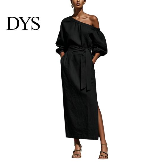 Daily Wear Dress Women One Shoulder Long Dress, Solid Color Tie Waist Side Split Everyday Dresses Casual Party Sleeve Maxi for Summer Office