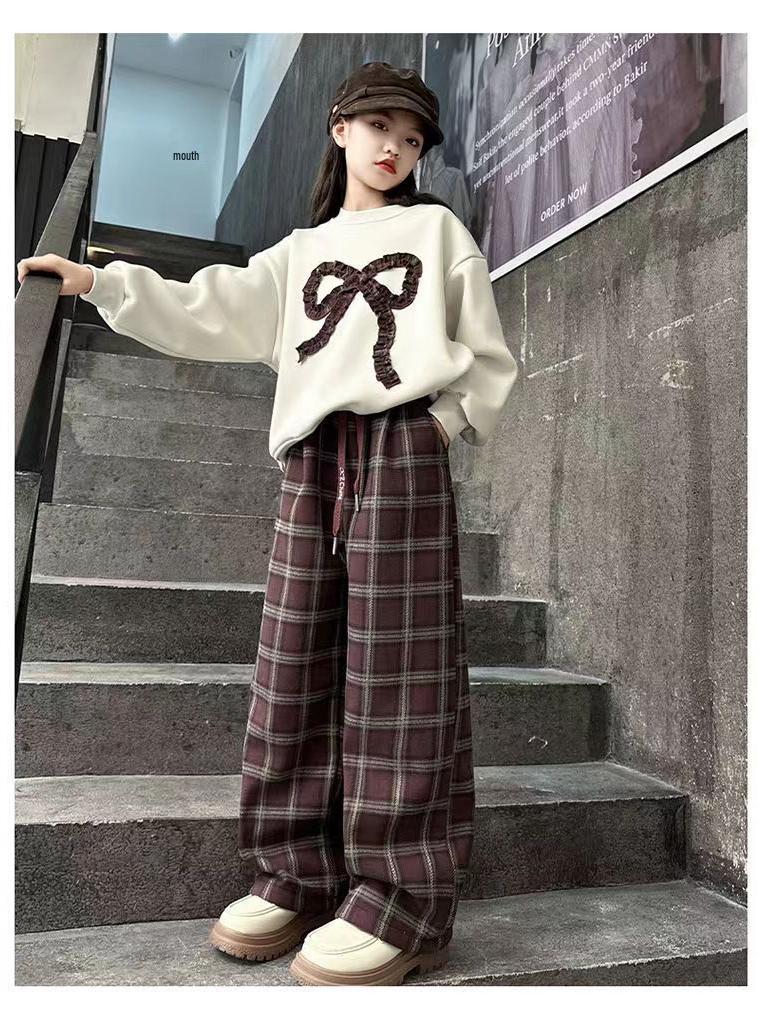 Модный клетчатый брючный костюм для девочек и толстовка с бантом - Осень/Зима 2025